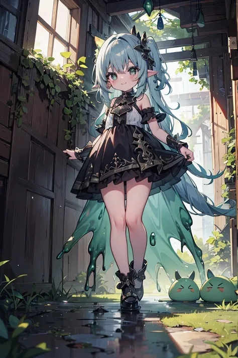 absurd, absolute resolution, incredibly absurd, super high quality, super detailed, official art, unity 8k wall, masterpiece
BREAK
One , innocent, little devil, small and young toddler, cute smile,from below ,slime on ground 