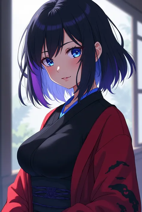 kimetsu no yaiba 1 girl black hair with a purple streak on the left side, medium hair,  Blue eyes,  hunter costume with a red and black haori with large breasts 