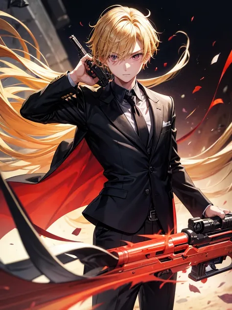 A boy with golden blonde hair, red eyes, a black suit, and a gun.