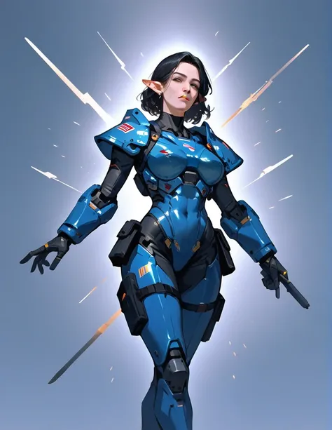 score_9, score_8_up, score_7_up, score_6_up,(masterpiece, best quality:1.2), highly detailed, character design, mature woman, pointed ears, black hair,  medium hair, brais hair, skinny body, futuristic soldier armor 