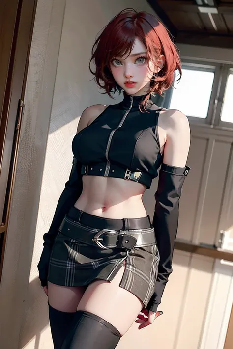 woman, Curly Red Pixie Cut Hair, Green Eyes, Wearing a black crop top shirt, Long black jacket, Red Check Skirt, (Black knee-high boots), Black fingerless gloves, Exposed shoulders, (whole body), Big breasts Freckles, Clevis, Abdominal muscles, View your v...