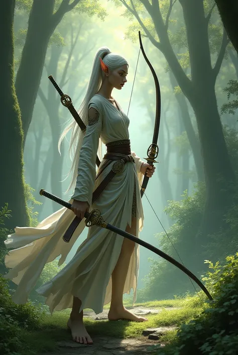 A blind elf with a katana and a bow