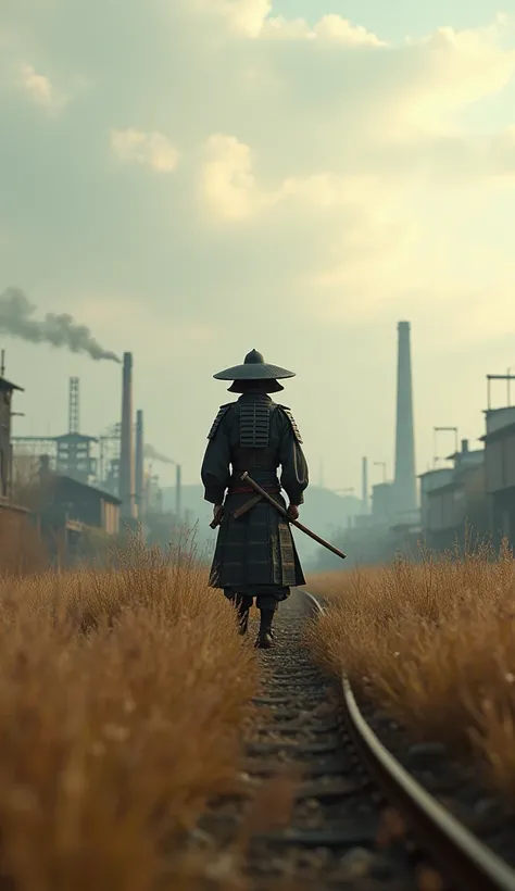 A lone samurai standing in a field, looking out at a modernizing Japan, with factories and railroads in the distance, his katana sheathed, symbolizing the end of the samurai era, hyper-realistic, photo realism, cinematography -- ar 9:16