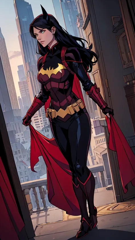 (((photo by full body))) 1womanl, standing alone, batgirl, mommy, stark, breastsout, upper-body shot, ((armor in black and red colors)), skyscrapers, ((work of art)), female focus, long hair, Bblack hair, Flying hair, Facial Focus, soft smiling, Bow hangin...