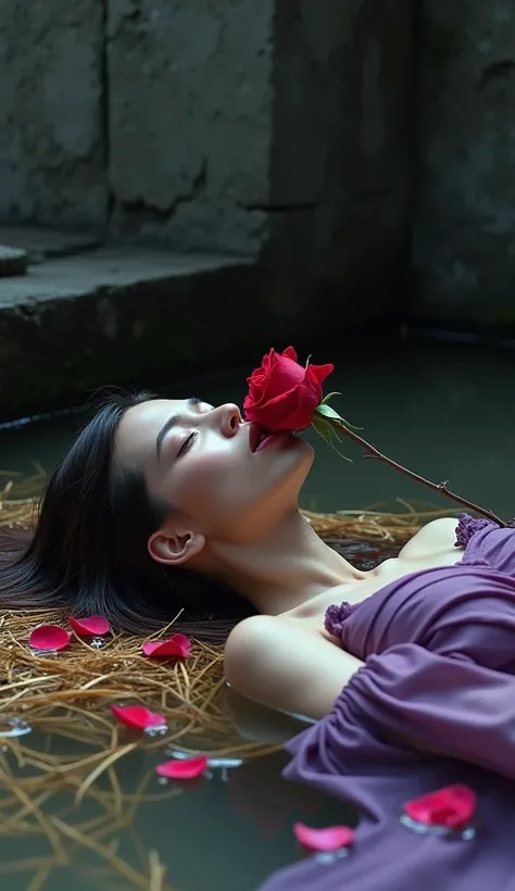 This image is a surreal and highly detailed photograph showing a woman in a purple dress lying on her back in a shallow puddle of water. His skin is a light beige tone and he has long dark brown hair that spreads around his head. The womans eyes are closed...