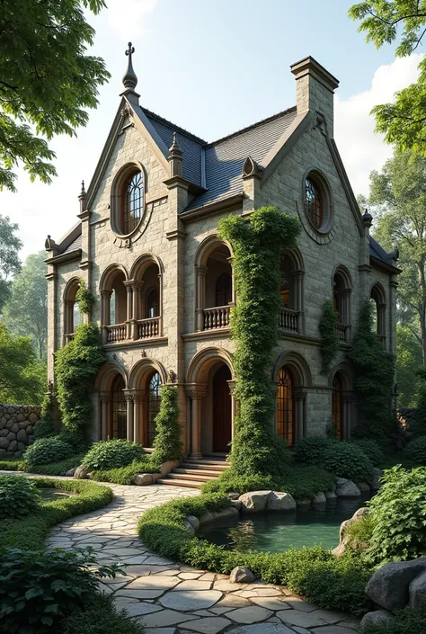 Architectural design mixing Gothic with Greek style Biophilic 2-storey house