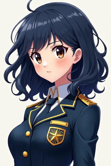 A girl with medium short wavy hair, dark blue, dark brown eyes and the Boku no hero academia anime style uniform 