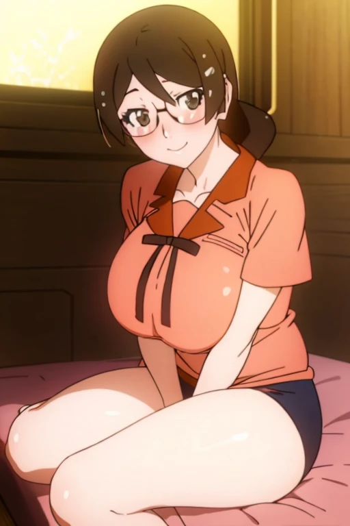 tsubasa hakawa of kamonogatari、black hair pigtails、beautiful black eyes、busty、huge and bouncy breasts、blushed cheeks、smile、glass...