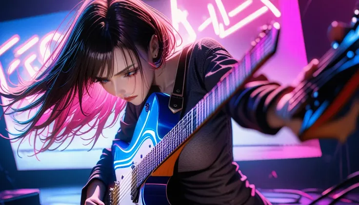 a woman playing electric guitar, electro rock music, neon lights, dynamic movement, vibrant colors, hyperrealistic, 8k, ultra-detailed, (best quality:1.2), dramatic lighting, cinematic composition, striking poses, intense emotion, (photorealistic:1.37), st...