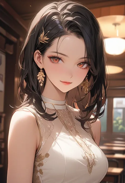 (Best Quality, High resolution, masterpiece, Highest quality),CG Unity 8K Wallpaper,Beautiful rendering, Delicate eye depiction, Vibrant color scheme, One mature beautiful woman, milf, Textured skin,(Slender), The woman is 170 cm tall、(black hair, forehead...