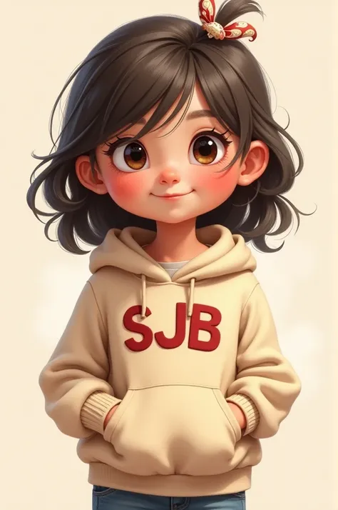 Draw a cartoon girl with a sweatshirt that says SJB on the heart part