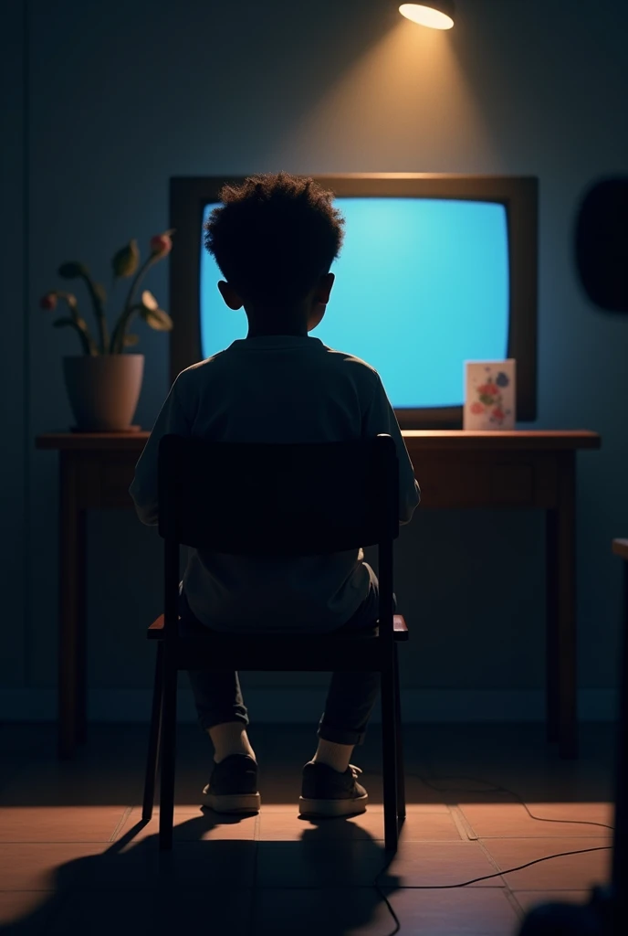 back view shadow of a black boy sitting in a chair looking at a blue poster on top of a table with a television on top of him with a light illuminating him