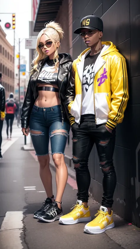 "A stylish man and woman in trendy urban streetwear, standing confidently in front of a graffiti-covered wall in a bustling city. The man is wearing a sleek leather jacket, ripped jeans, and high-top sneakers, while the woman wears an oversized hoodie, bik...