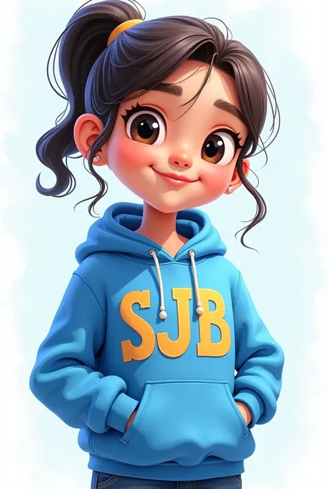 Draw a cartoon girl with a blue sweatshirt that says SJB on the heart part