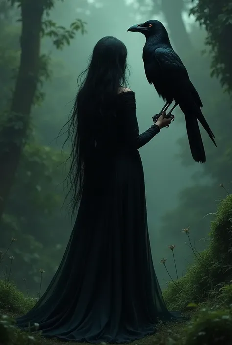 Mystical crow with black haired woman from behind black green