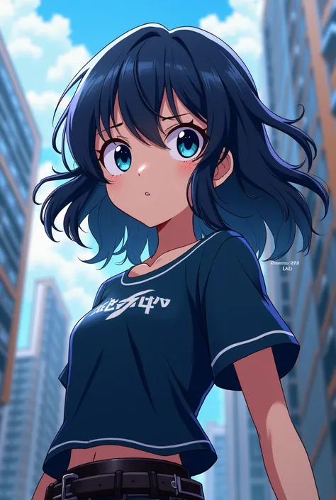 A girl with medium short wavy hair Dark blue dark brown eyes Boku no hero academia style