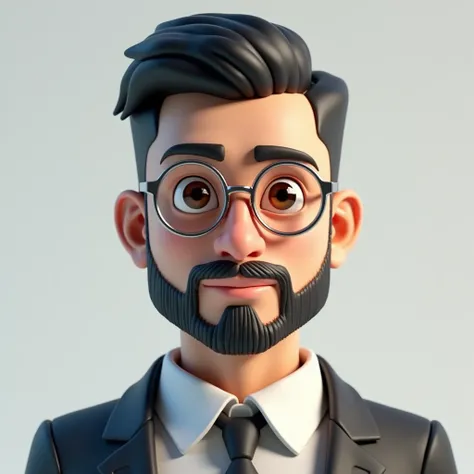 Simple background, Brown eyes, image of an adult man with 3D OC style Short black hair with simple beard, wearing silver frame glasses, suit dressShort hair, Facial hair, Plano americano, 3D rendering, 