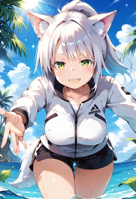 score_9, score_8_up, score_7_up, source_anime, masterpiece, absurdres, perfect face, solo cute expression, perfect face, 1girl, solo, white hair, animal ears, (white eyeliner) ,(green eyes), (white eyeshadow), (white eyelashes), FujisakaLP, bangs, long hai...