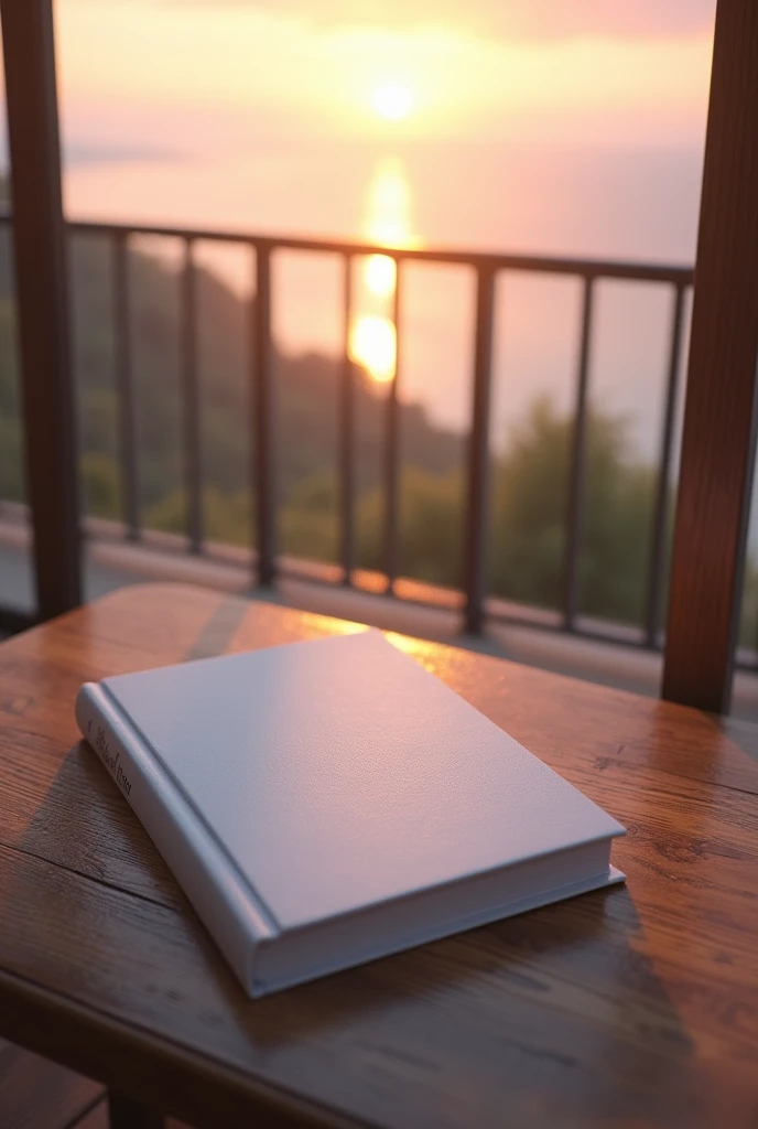 White cover book on a beautiful table, a background as if you were on a balcony at dusk, It&#39;s almost dark
