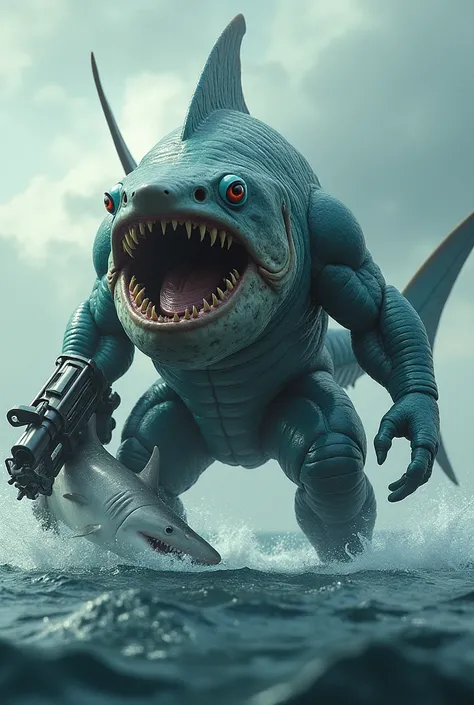 A fish with two leg standing on the middle of ocean with armed huge gun and big teeth  hold a shark woth his mouth.