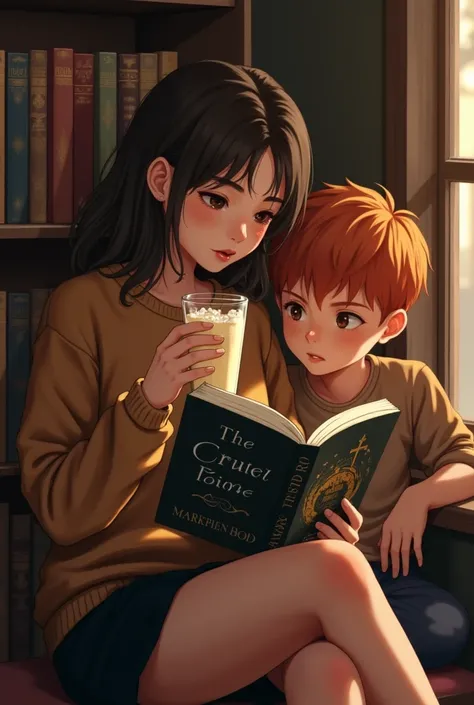 A woman with medium straight, light brown hair reading "cruel prince" inside a library drinking a milkshake, wearing a black skirt and a brown wool sweatshirt. And a red-haired boy with freckles looking at her from afar with a loving gaze.. 