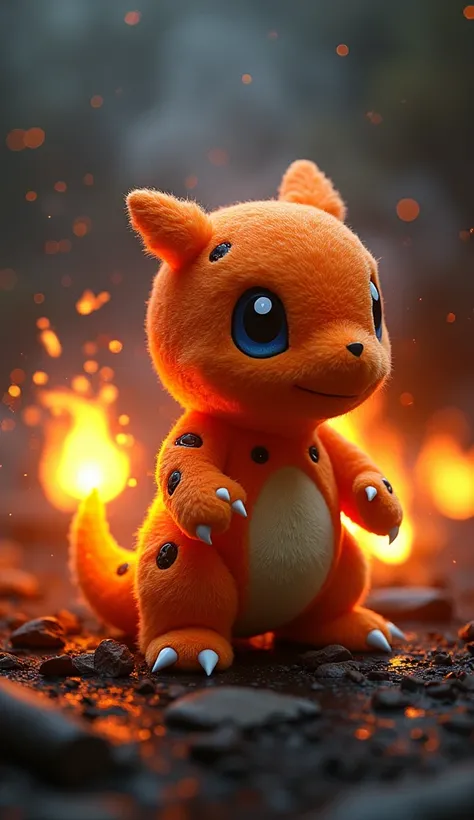 Generate a Charmander-like character with an AI feel。
The background is a bonfire、The fur is fluffy、Light a fire in your tail