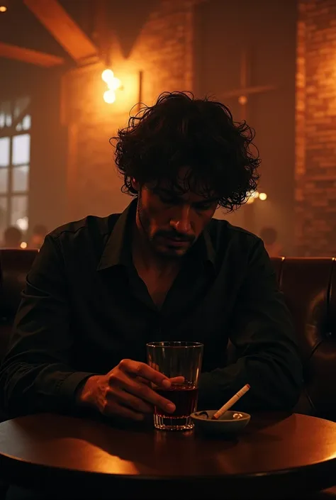 man curly dark hair siting alone in bar