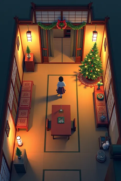 A Japanese room with Christmas decorations seen from above, a star room