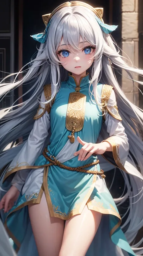  girl with long white wavy hair, blue eyes and small waist Long tunic 