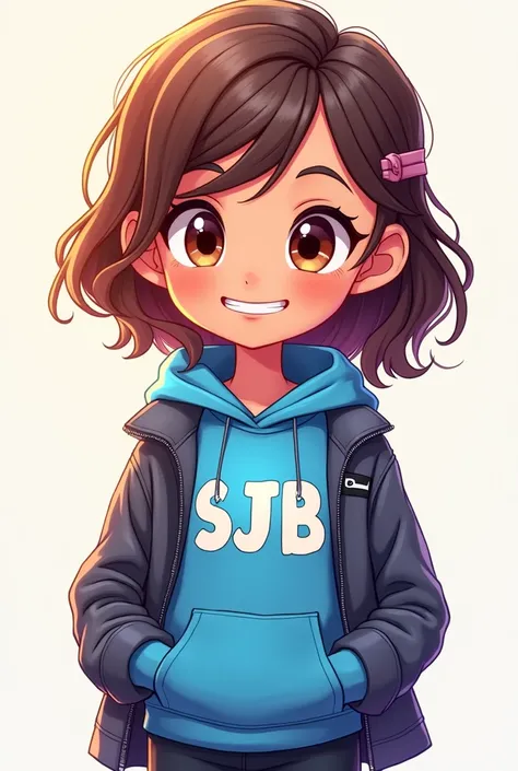 Draw a cartoon girl with a jacket and a blue sweatshirt that says SJB on the heart part full photo