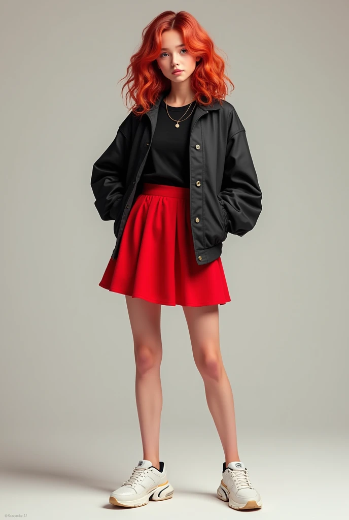 A teenage girl in a black jacket, red diver, big wavy hair and white sneakers 