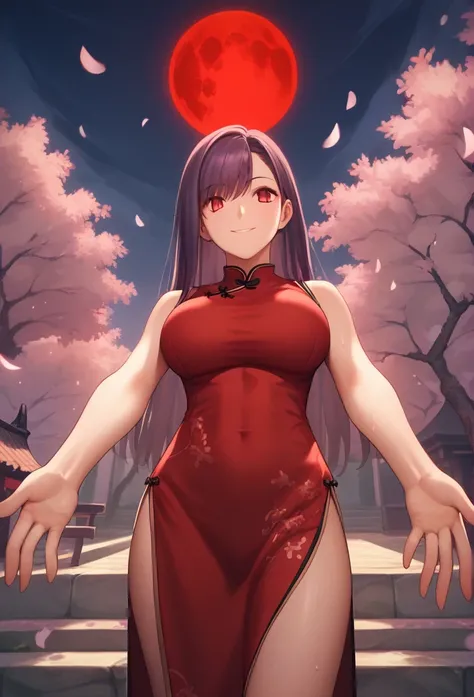 Score_9, Score_8_up, Score_7_up, One girl,Red eyes,smile,Purple long hair, Hirokazu Koyama ,Cowboy Shot,Sweaty,sexy,Pixel Perfect,Large Breasts,Anatomically correct, masterpiece, Very detailed,Outdoor,8k, (background,Cherry Blossoms at Night,big red moon,D...