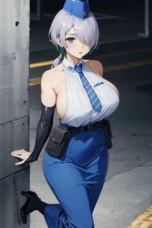 nikkebrid, large breasts, low ponytail, hair over one eye, earrings , garrison cap, sleeveless shirt, long skirt, blue necktie, belt pouch, elbow gloves, high heel boots