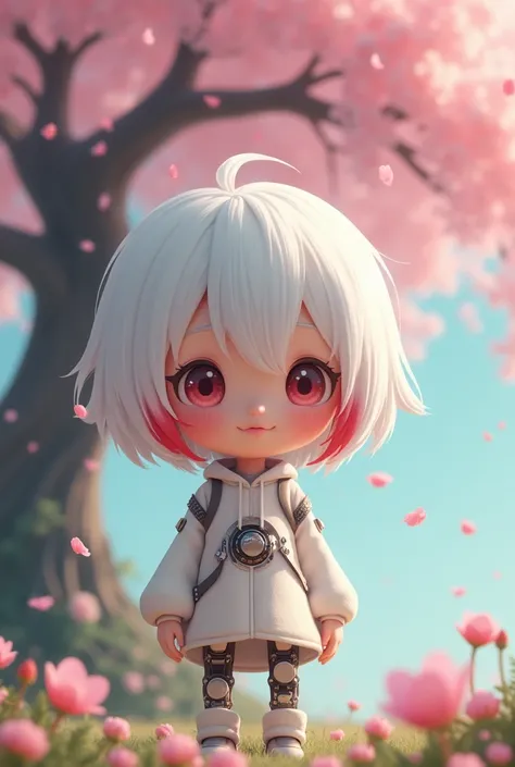 Child with a small cyborg part man with white hair with red tips in front of sakura tree with falling leaves