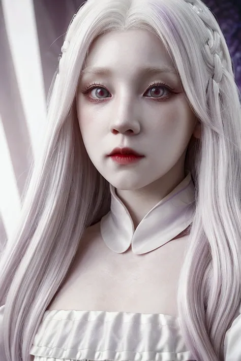 a full body woman with white hair, wearing a purple dress, (g)i-dle, 8k)), red eyes, white skin, red cherry, princess in real li...