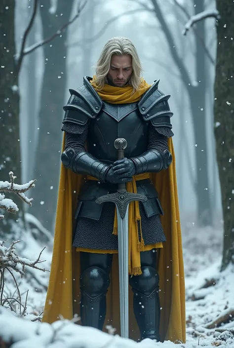 a sad man, Blonde and medium hair, sticking sword into the ground, black and yellow armor, snowflakes falling, Forest destroyed, best quality, High details, OctaneRender 8K, 