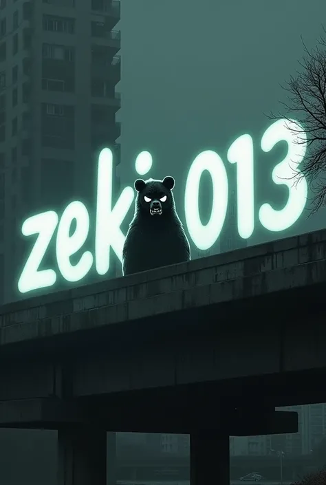 THROW UP with the name &#39;ZEKI 013&#39; In white with the letters in the shape of bubbles on the side of an overpass with an evil looking bear character on the letter O