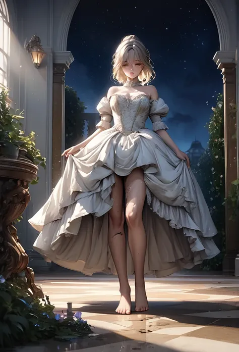 Upper body close-up（((masterpiece), on)"Depict the moment Cinderella’s magic fades, emphasizing her return to her servant appearance.
Her face reflects shock and anxiety, with a fleeting expression of disappointment.
Her glamorous gown instantly transforms...