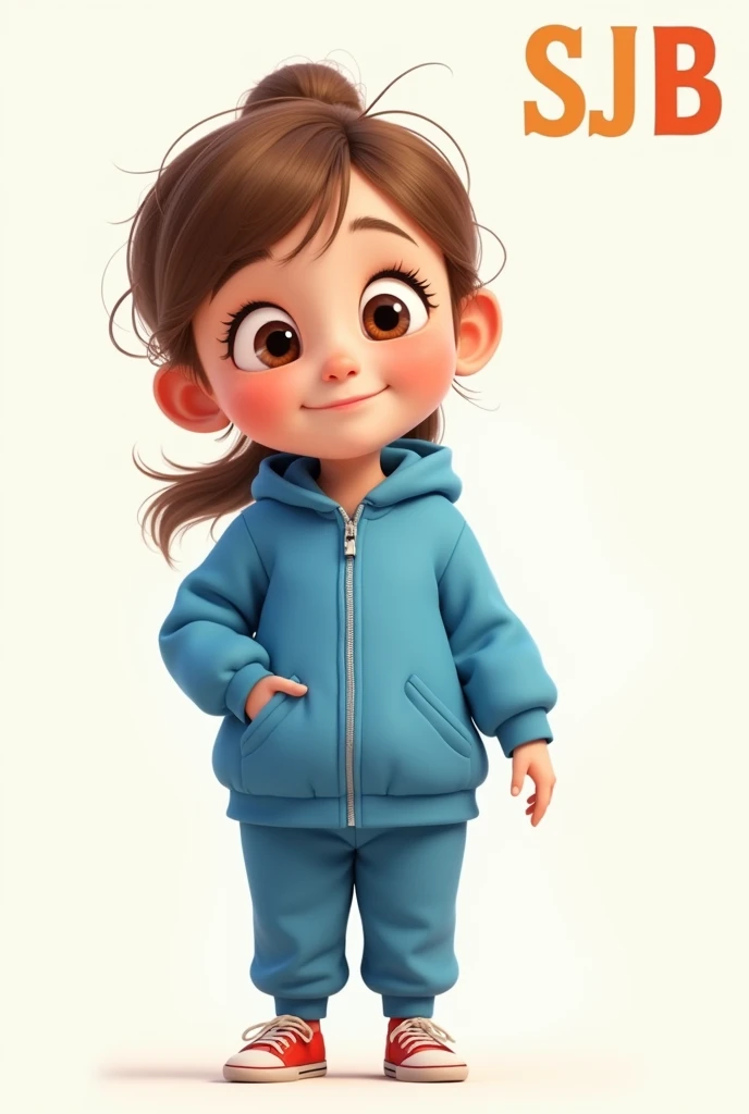 Draw a little animated girl with a blue jacket and pants that says SJB on the top right of the full photo