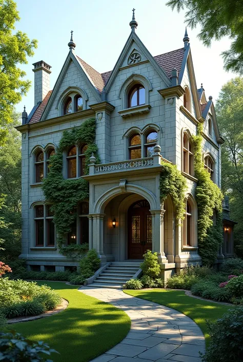 Architectural design mixing Gothic with Greek style Biophilic 2-storey house