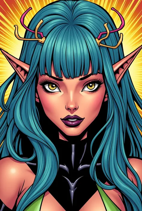 X-men comic panel style, female, mutant alien, 1, with light pink skin, with super long blue hair with green strands and with bangs, with eyes and black sclera, with long eyelashes, with two antennae on her head, with long pointed ears, using a coquette st...