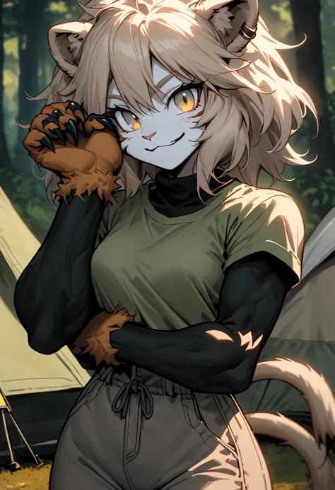 solo female, lion girl, lion ears and tail, short wild sandy hair, hazel eyes, fit, broad shoulders, narrow waist, curvaceous, tomboy, smile, furry claws, casual clothes, underbrush, outdoors, camping, close up, muscular:0.3, furry forearms