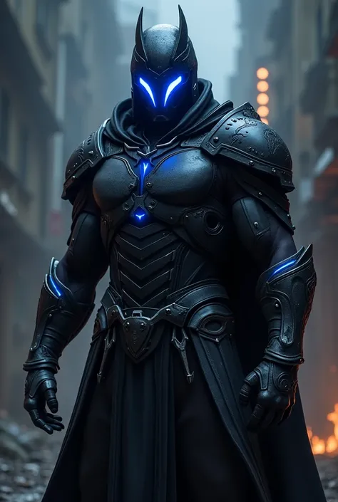 Create an image of a mercenary anti-hero, with black armor with blue details, helmet like Slade&#39;s in blue color and white eyes 