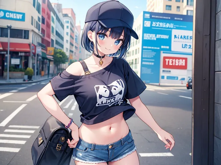 1girl, printed short T shirt, navel, denim short pants, dark blue hair, short hair, 20 years old, sport cap, hoop earrings, bracelet, in the city, smile, dynamic angle, heavy makeup, off shoulder, sunglasses on cap