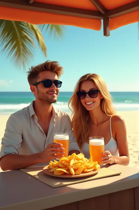 Me and my wife, in sunglasses, sitting at a kiosk on Trindade beach drinking a beer and eating a portion of chips 