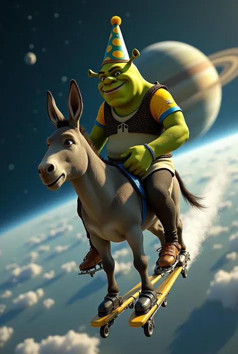 Shrek with a paper hat and a Brazilian national team shirt, riding a dwarf donkey with jet skates in outer space, heading towards Saturn