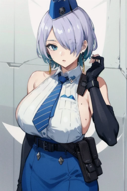 nikkebrid, large breasts, low ponytail, hair over one eye, earrings , garrison cap, sleeveless shirt, long skirt, blue necktie, belt pouch, elbow gloves, 