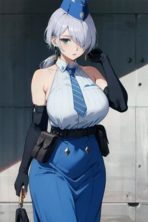 nikkebrid, large breasts, low ponytail, hair over one eye, earrings , garrison cap, sleeveless shirt, long skirt, blue necktie, ...