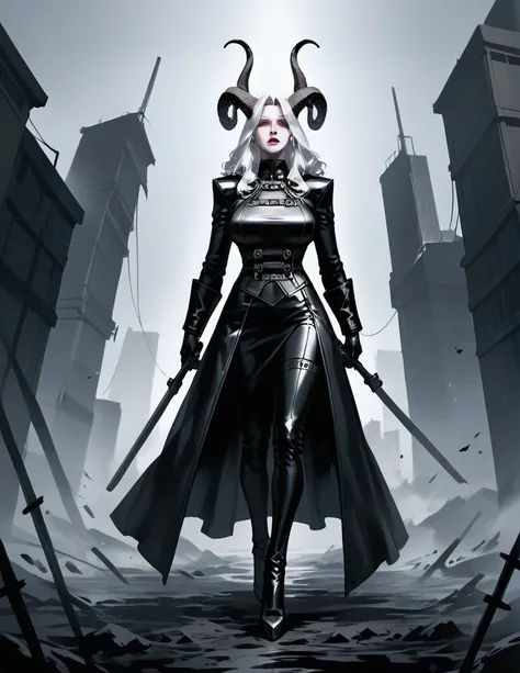 score_9, score_8_up, score_7_up, score_6_up,score_5_up,score_4_up(masterpiece best quality:1.2), highly detailed, character design, mature woman, curved horns ,forehead horns, small horns, white hair, full body, skinny body, leather clothes, post apocalypt...