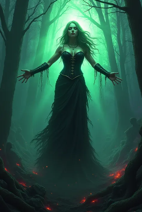 woman, Necromancer, full breasts, corset, rising with his powers, a strong zombie from the earth, green and purple lights, forest, on the edge of a pit, 